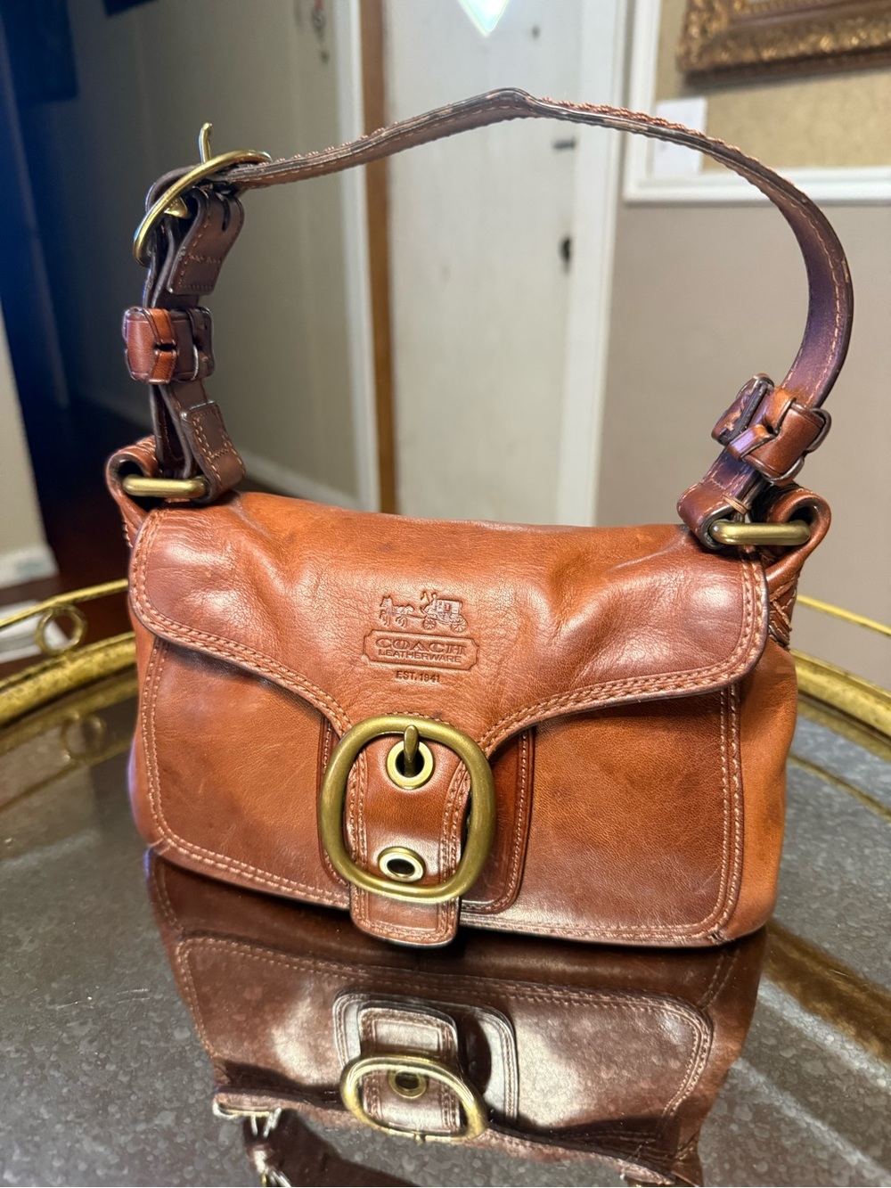 Coach Cognac Leather Shoulder Bag with Brass Buckle